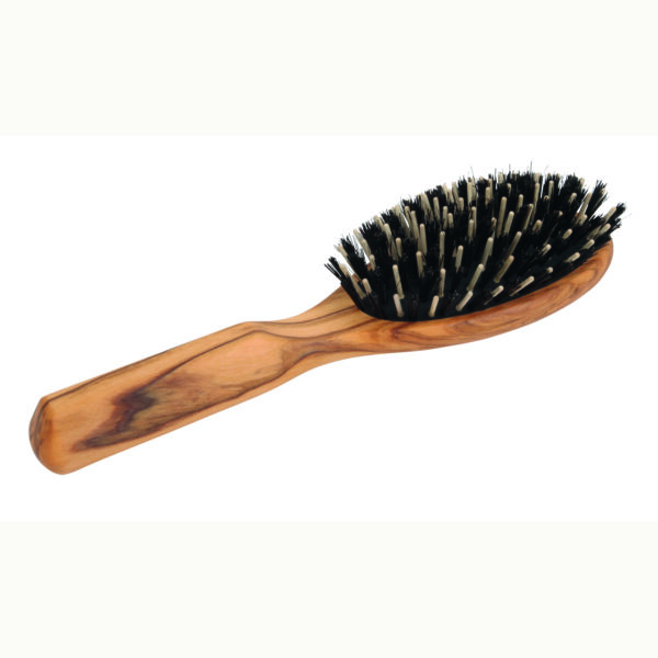 Haarbürste, oval, geöltes Olivenholz, Wildschweinborste, Holzstifte, 10 Reihen