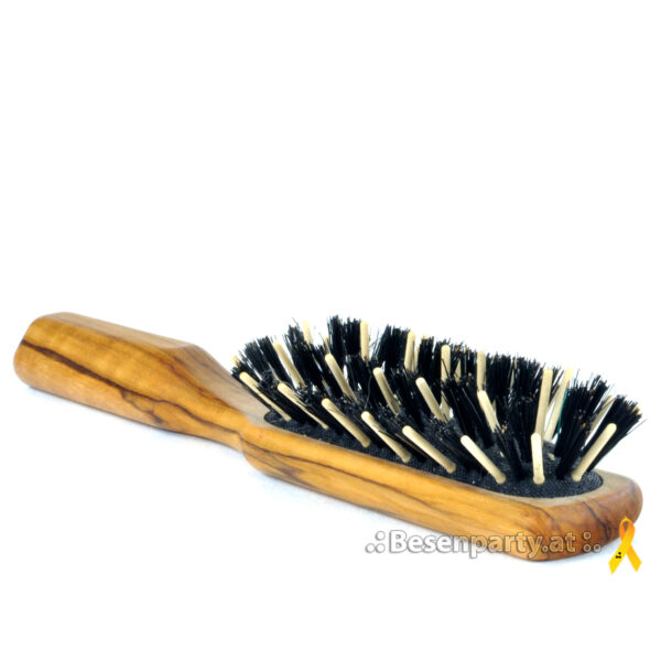 Haarbürste, eckig, geöltes Olivenholz, Wildschweinborste, Holzstifte, 5 Reihen