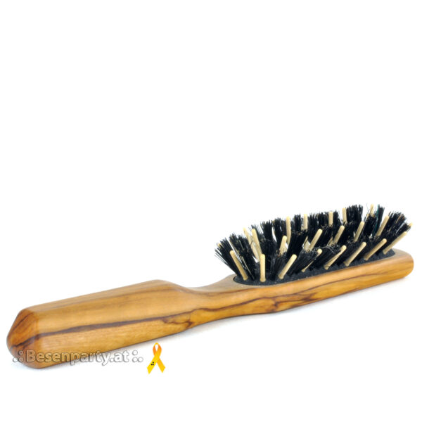 Haarbürste, eckig, geöltes Olivenholz, Wildschweinborste, Holzstifte, 5 Reihen