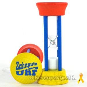 Zahnputzuhr, rot-gelb-blau, Laufzeit 2 Min., Ahornholz, Glas
